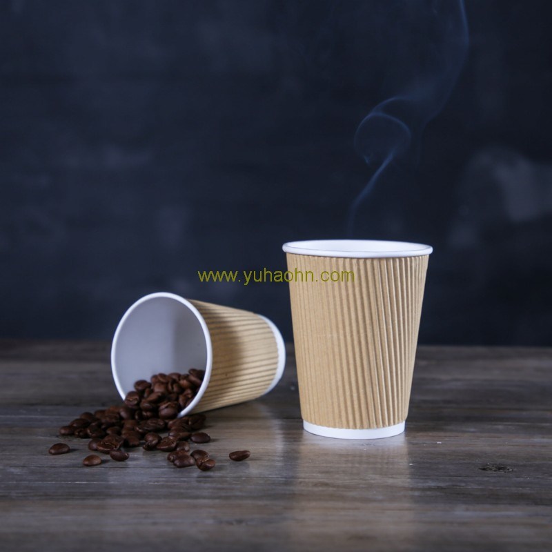 Compostable Disposable 12oz Ripple Hot Coffee Paper Cup with Lid