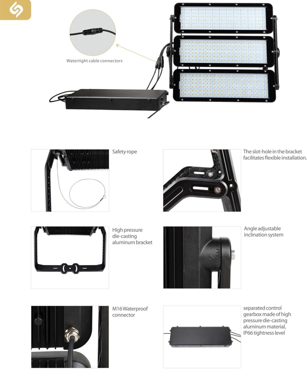 Waterproof Exterior High-Pole 1000W LED Sport Court Flood Lighting 120lm/ IP65