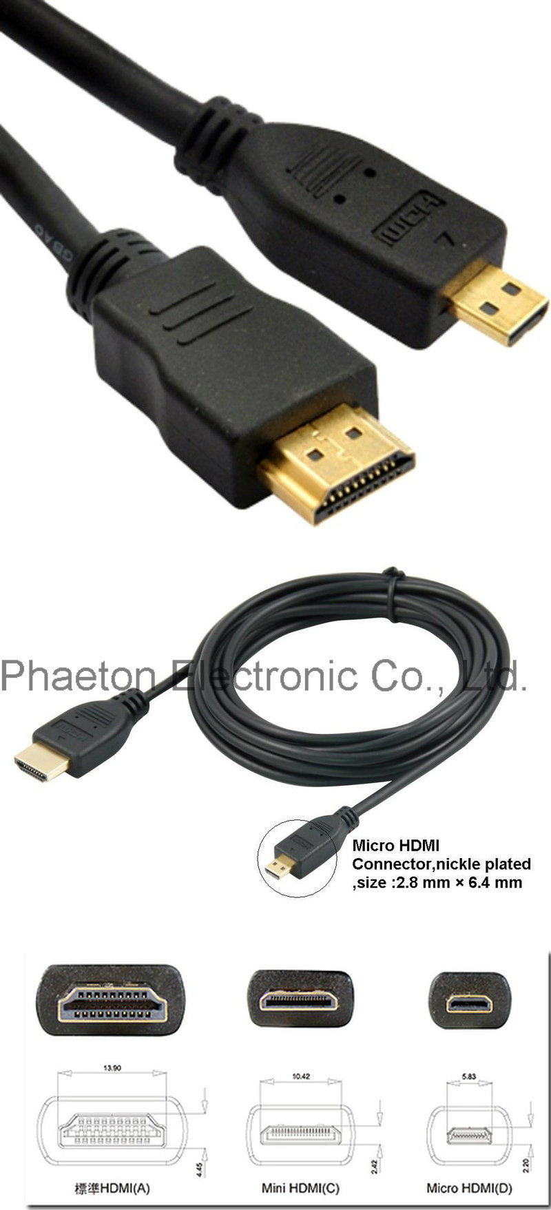 1080P Micro HDMI to HDMI Cable of AV Cable (pH6-1208)