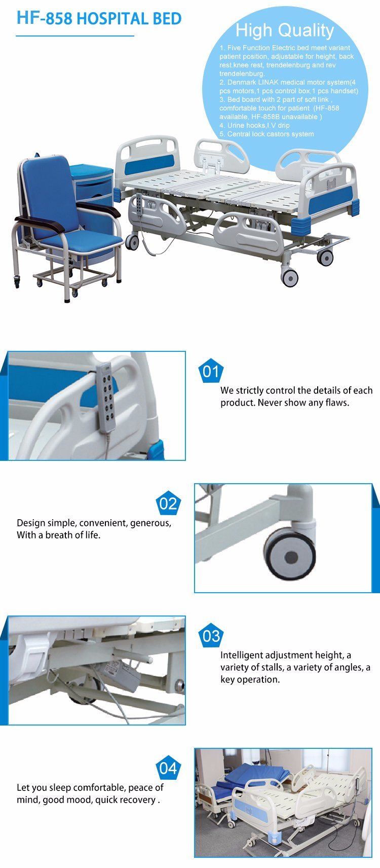 Five Function Electric Hospital Patient Bed with Castor Brake (HF-858)