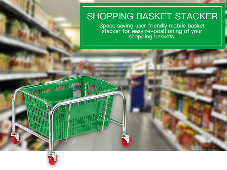Plastic Double Handle Grocery Store Shopping Basket with Wheel