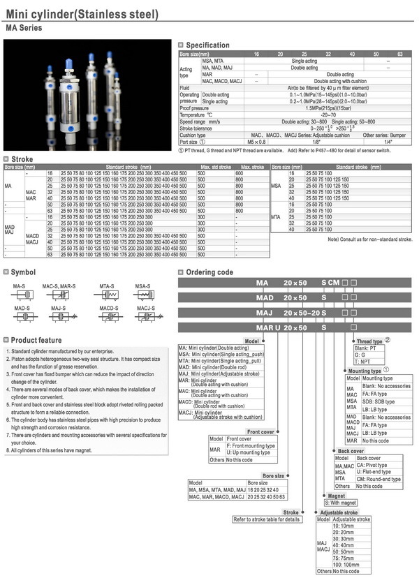 Ma Series Stainless Steel ISO 100% Tested Mini Pneumatic Cylinder