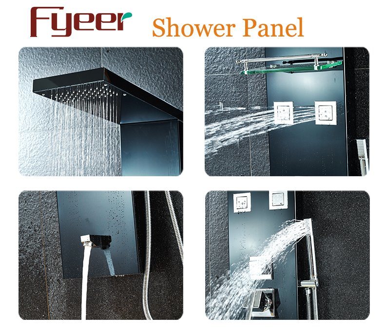 Fyeer 2PCS Black Shower Panel with Masaage Jets and Glass Shelf