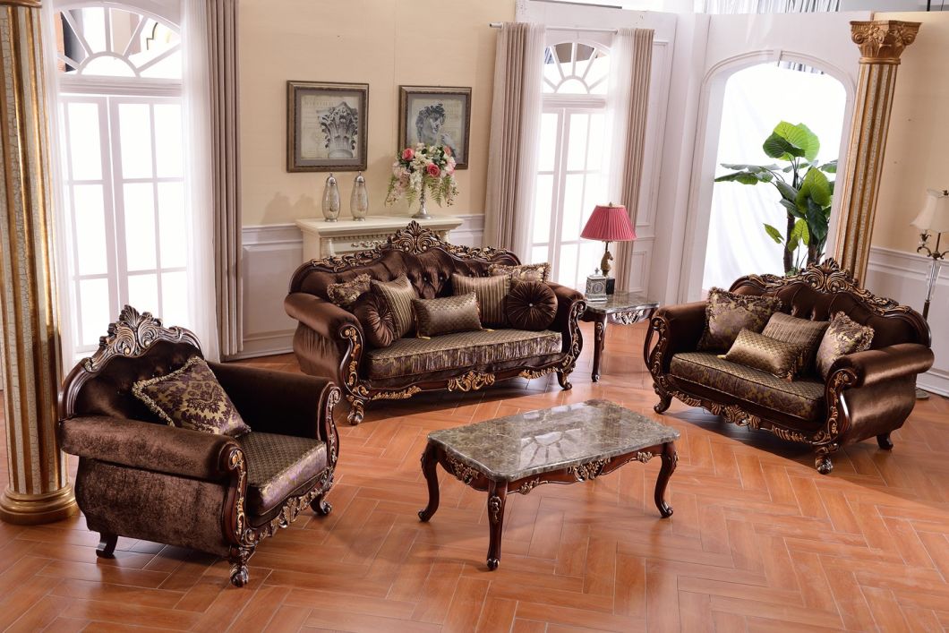 Solid Wood Sofa Sets Luxurious Fabric Sofa Sets 1+1+3 Antique Design 1 Seat Sofa 3 Seat Sofa Home Furniture