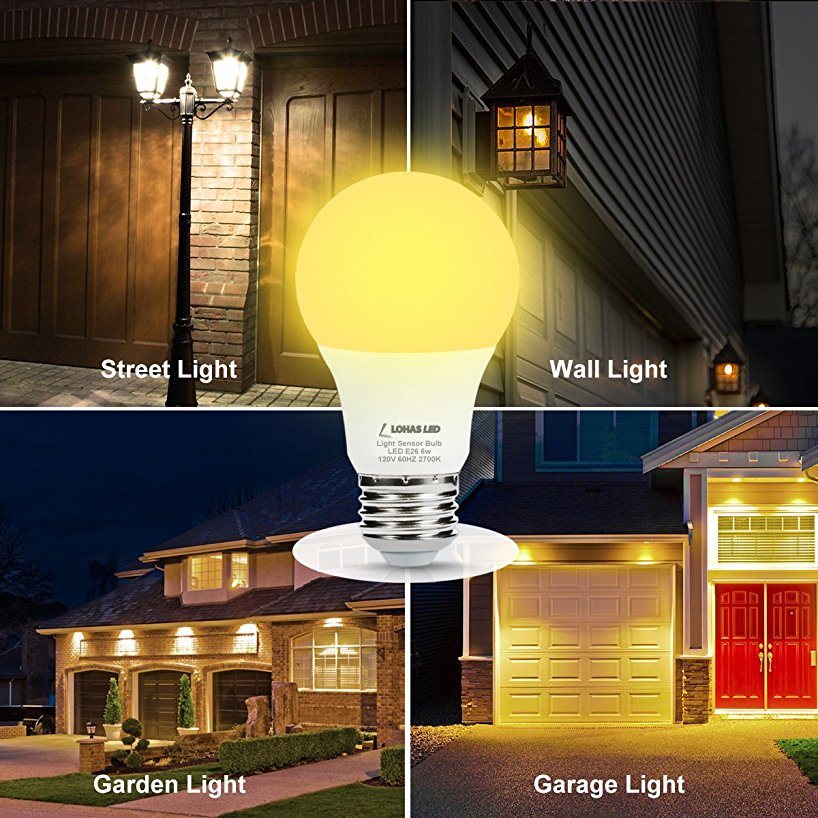 LED Dusk to Dawn Bulb Sensor Light Bulb, 6W A19 LED Warm White 2700K Automatic Light Sensor Bulb