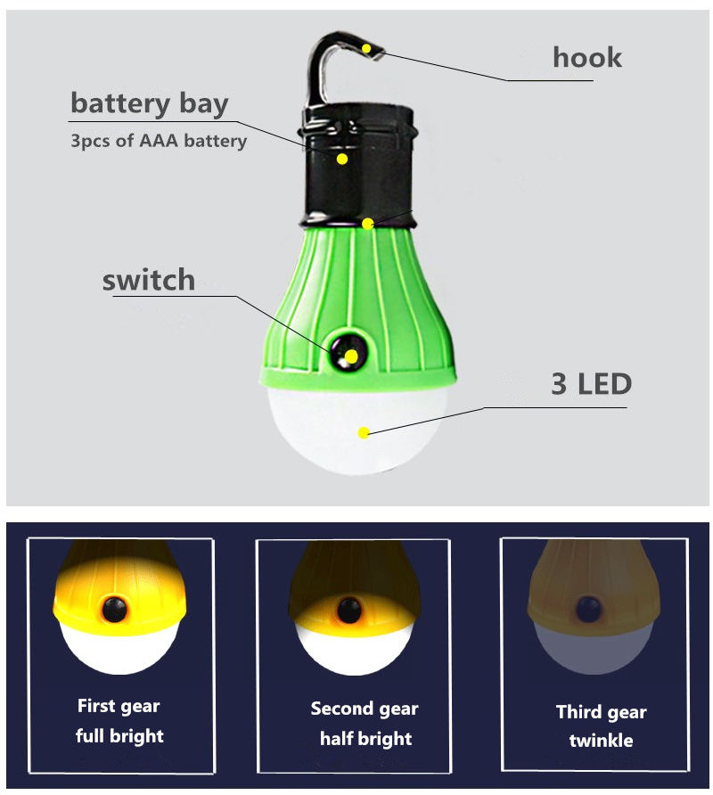 2018hot Sale 3LED Lamp Bulb Shape Colorful Camping Lantern with Battery