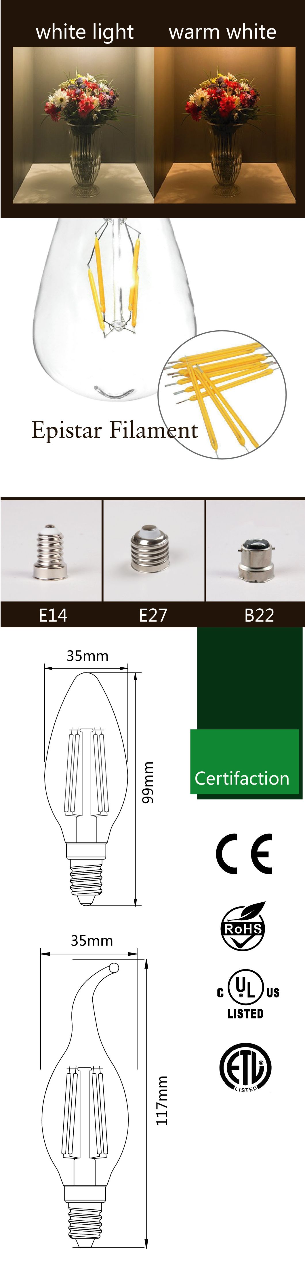 cUL/ETL Listed 4W/5W 120V Dimmable Ca11/B11/C35 Filament LED Bulb