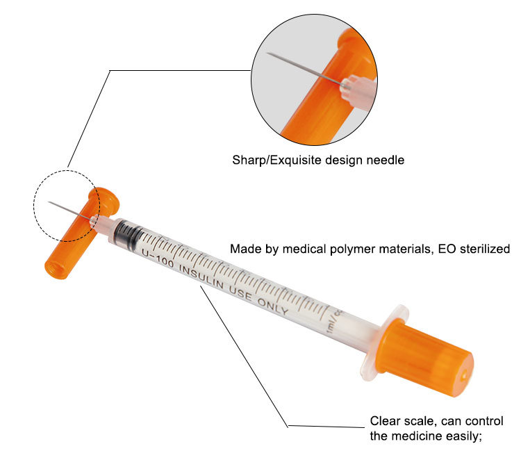 Medical Disposable 0.3ml 0.5ml 1ml Orange Cap Insulin Syringe with Needle