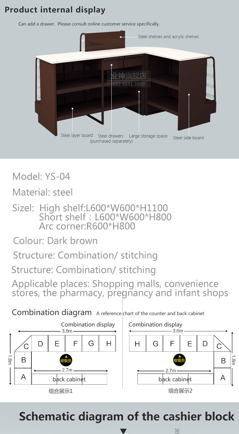 Checkout Counter Cashier Desk with Front Display Shelf