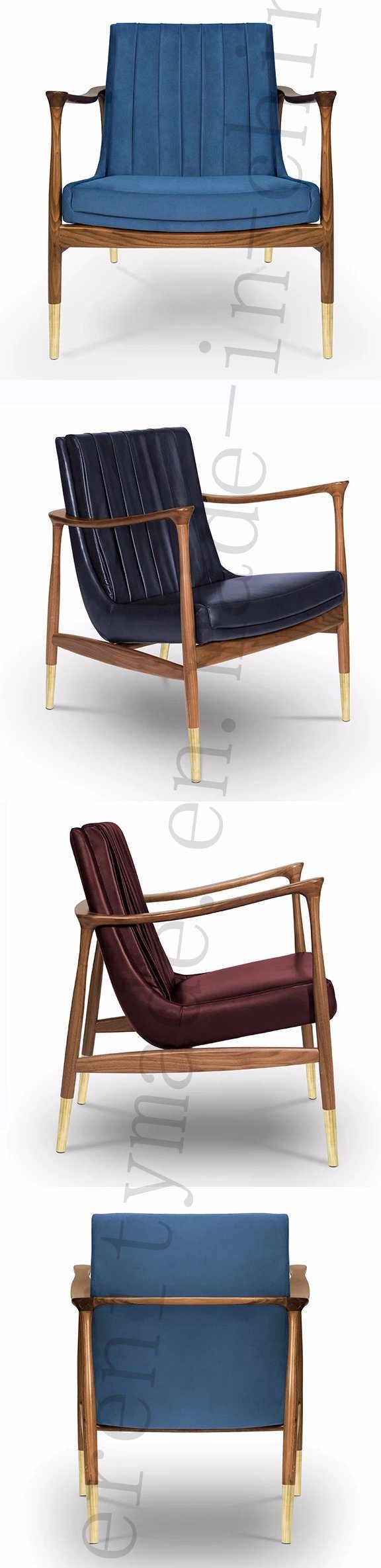 Varnished Walnut Frame Leather Essential Home Hudson Armchair with Polished Brass Legs