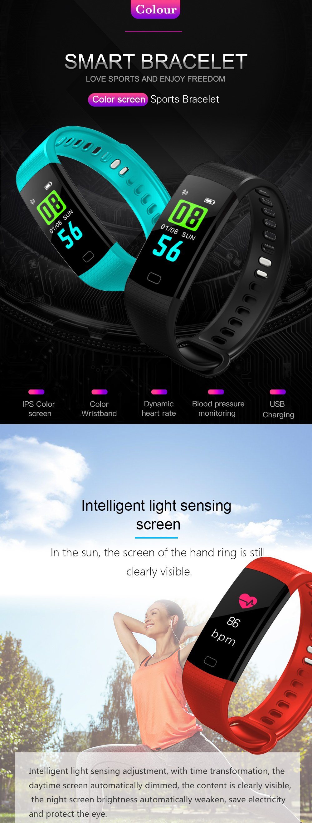 Smart Bracelet Band Wristband Fitness Tracker Smart Watch Phone Bracelet Watch with Heart Rate Monitor, Blood Pressure Monitor