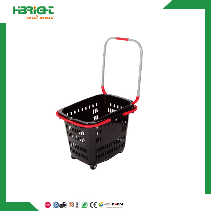 Colourful Supermarket Convenient Plastic Shopping Basket with Four Wheels