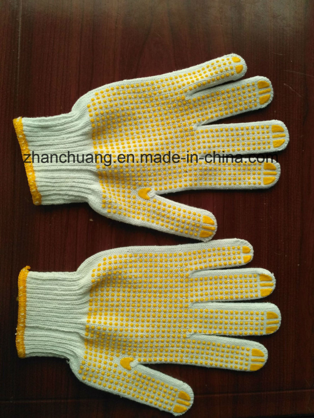 Knitted Breathable Natural Cotton Yellow PVC Dotted Gloves