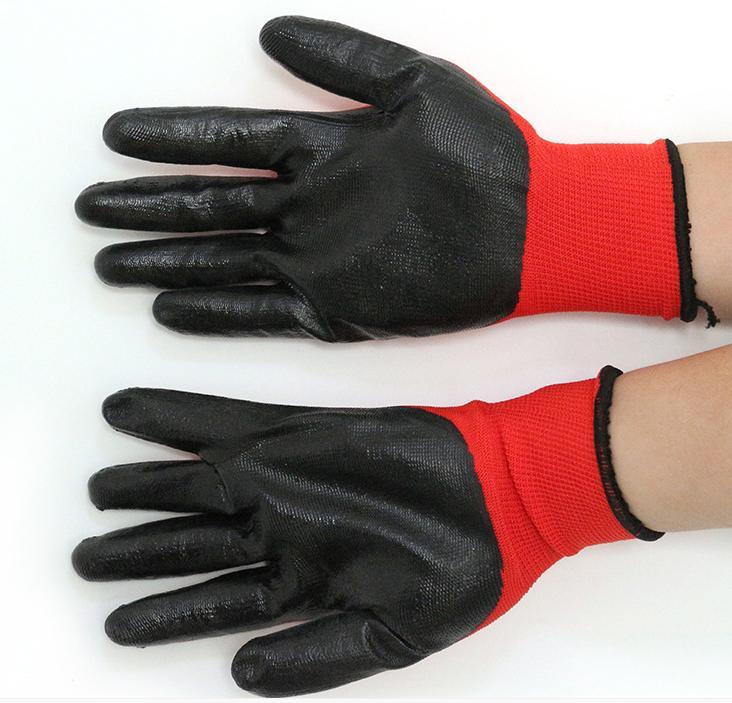 Thin 13G Red Polyester/Nylon Black Nitrile Safety Protection Gloves