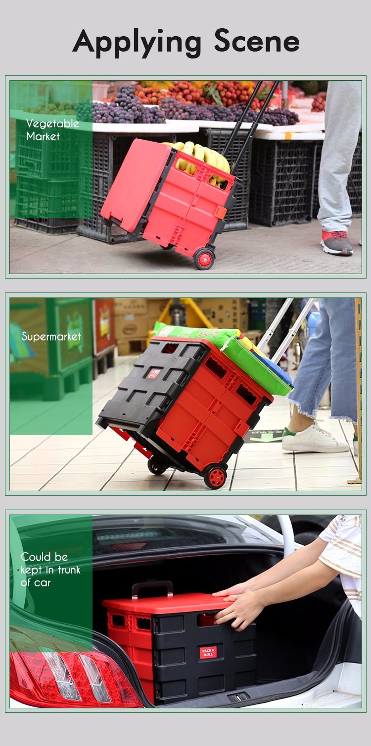 Folding Plastic Portable Wheeled Boot Cart Supermarket Rolling Crate Cart