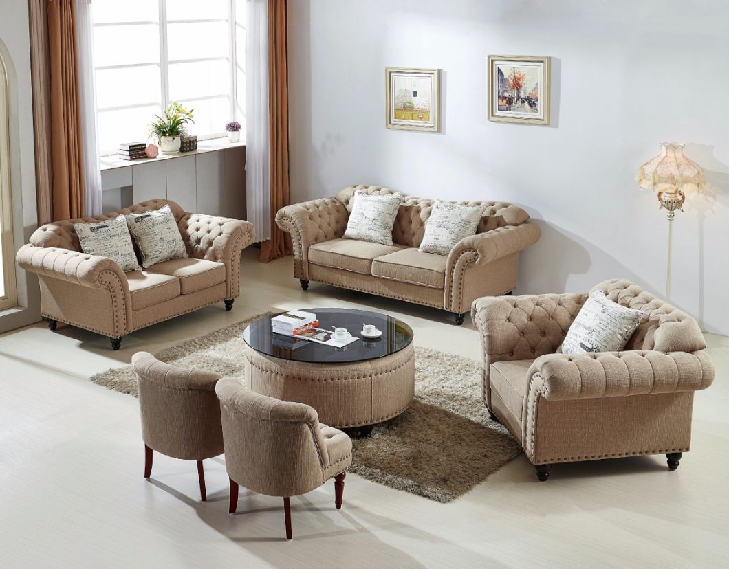 Divaani Hotel Furniture Tufted Wooden Cotton Fabric Sofa