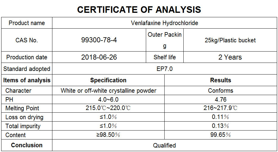 Anti-Anxiety Venlafaxine Hydrochloride/Venlafaxine HCl for Antidepressant 99300-78-4