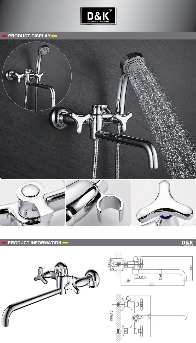 Double Lever High Quality Brass Chrome Plated Long Spout Shower Bathtub Mixer Tap