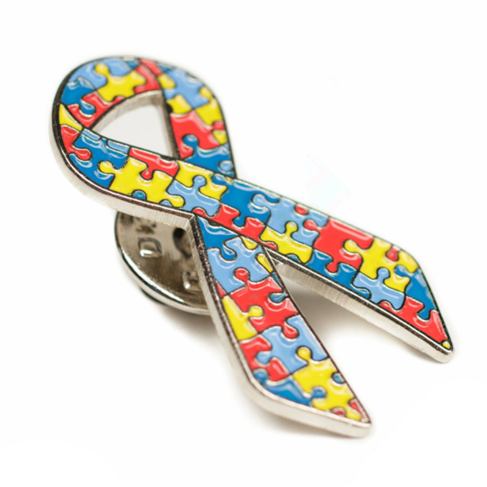 Multiple Color Puzzle Pattern Autism Ribbon Lapel Pin