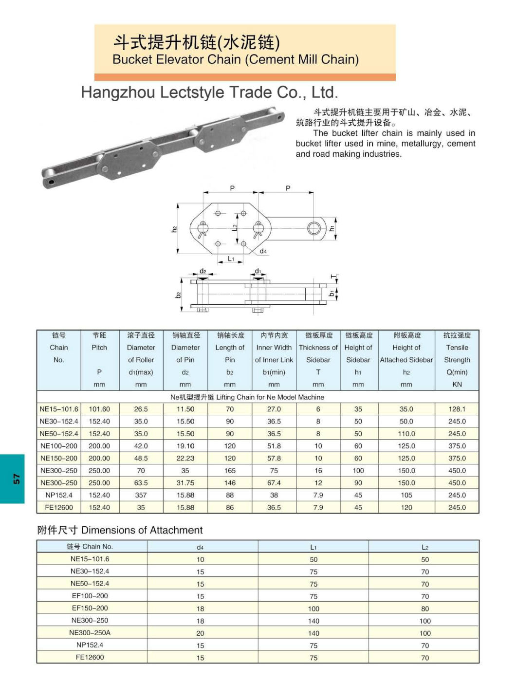 P150/2L, P200/2L, P100/4L, P100-K4/4L Steel Bucket Elevator Conveyor Chain and Cement Mill Chain