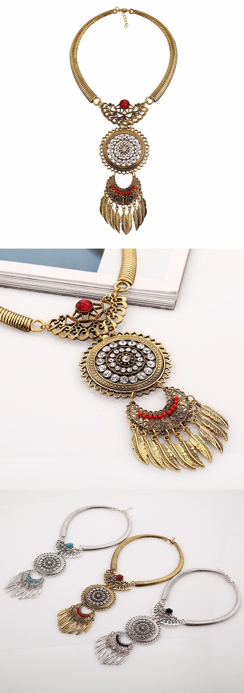 Long Retro Round Red Pearl Jewellery with Gold Leaf Necklace