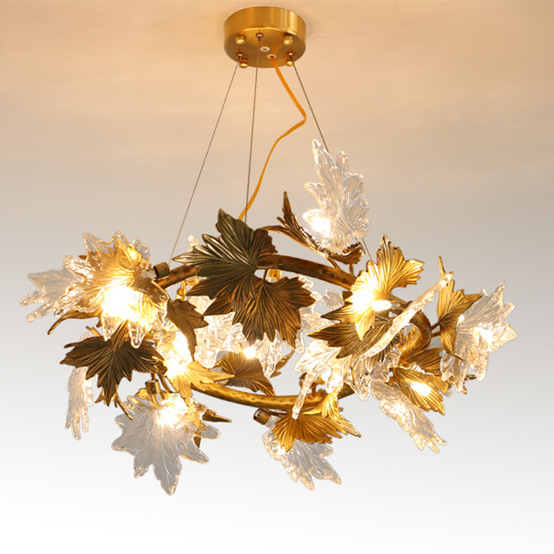 Contemporary Copper Glass Maple Leaf Chandelier with G9 LED Bulb