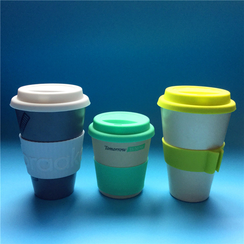 Bamboo Fiber Coffee Mug with Silicon Sleeve Eco Friendly Travel Coffee Cups with Silicon Lids