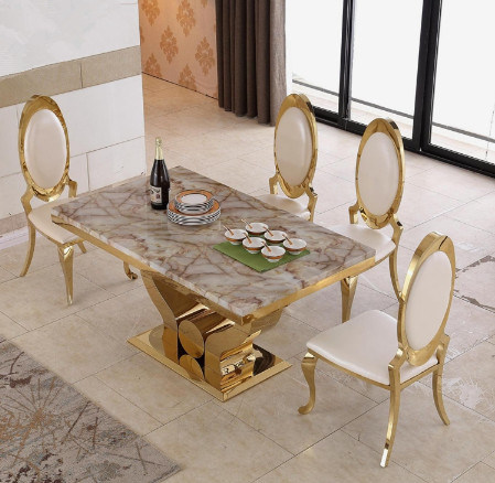 Wholesale Modern Gold Stainless Steel Dining Room Furniture / White Marble Top Dining Table with Royal Crown King Throne Chairs