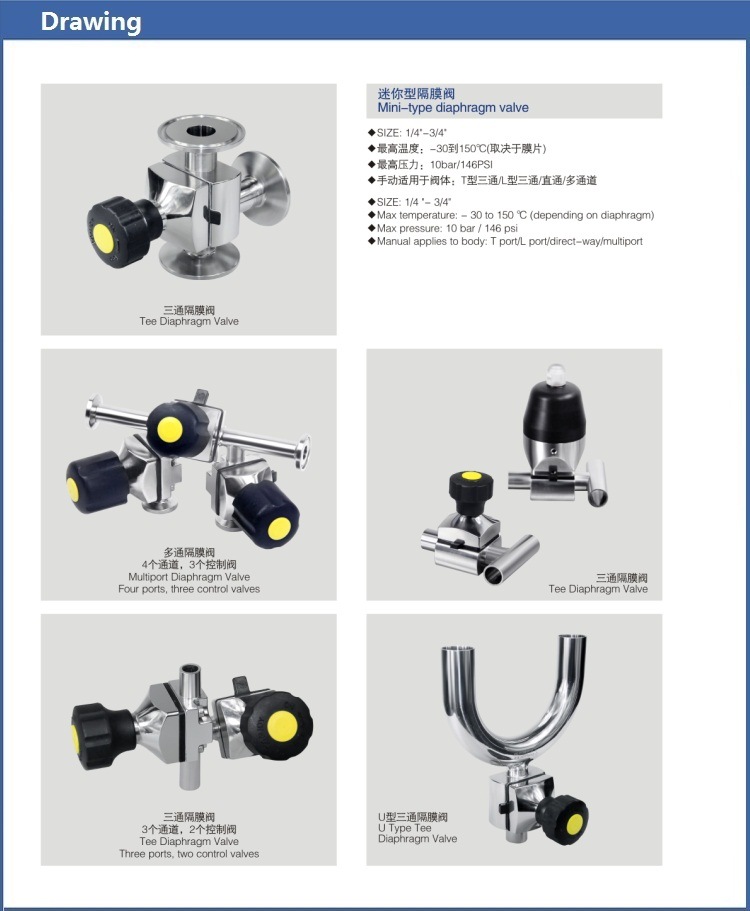 Hygienic Three Port Combined Type Manual Mini Diaphragm Valve