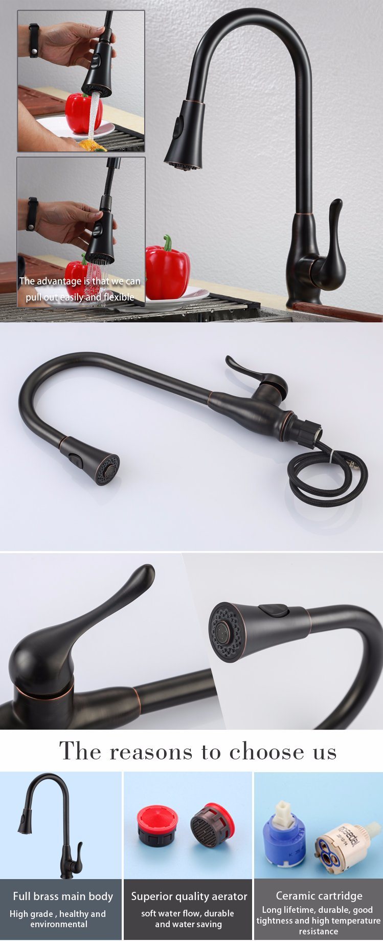 Factory Price Pull out Sprayer Orb Antique Black Brass Kitchen Faucet From Wide