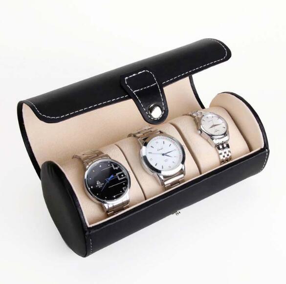 Leather Watch Box for 3 Watches Cylinder Watch Box