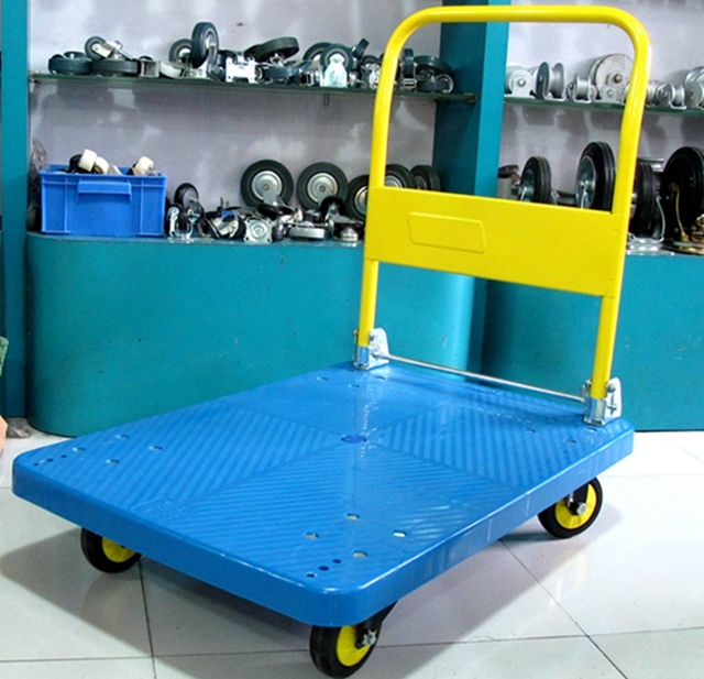 300kg Yellow Plastic Platform Hand Cart Noiseless Folding Trolley