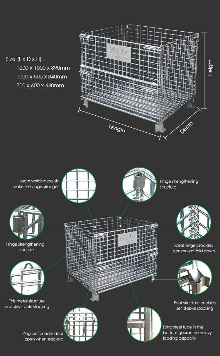 Stackable Foldable Collapsible Steel Mesh Pallet Storage Cage Wire Container