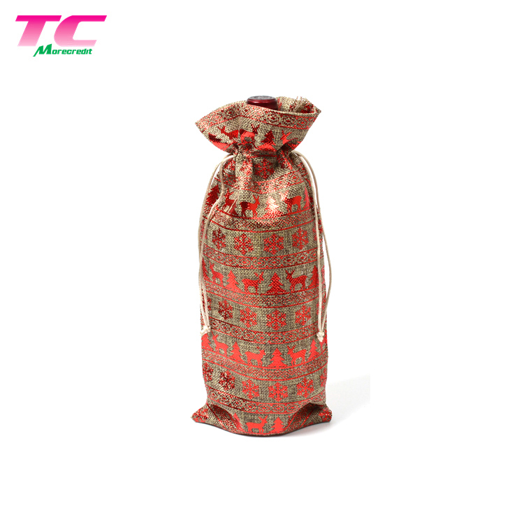 Red Wine Bottle Carry Jute Drawstring Travel Packing Bag