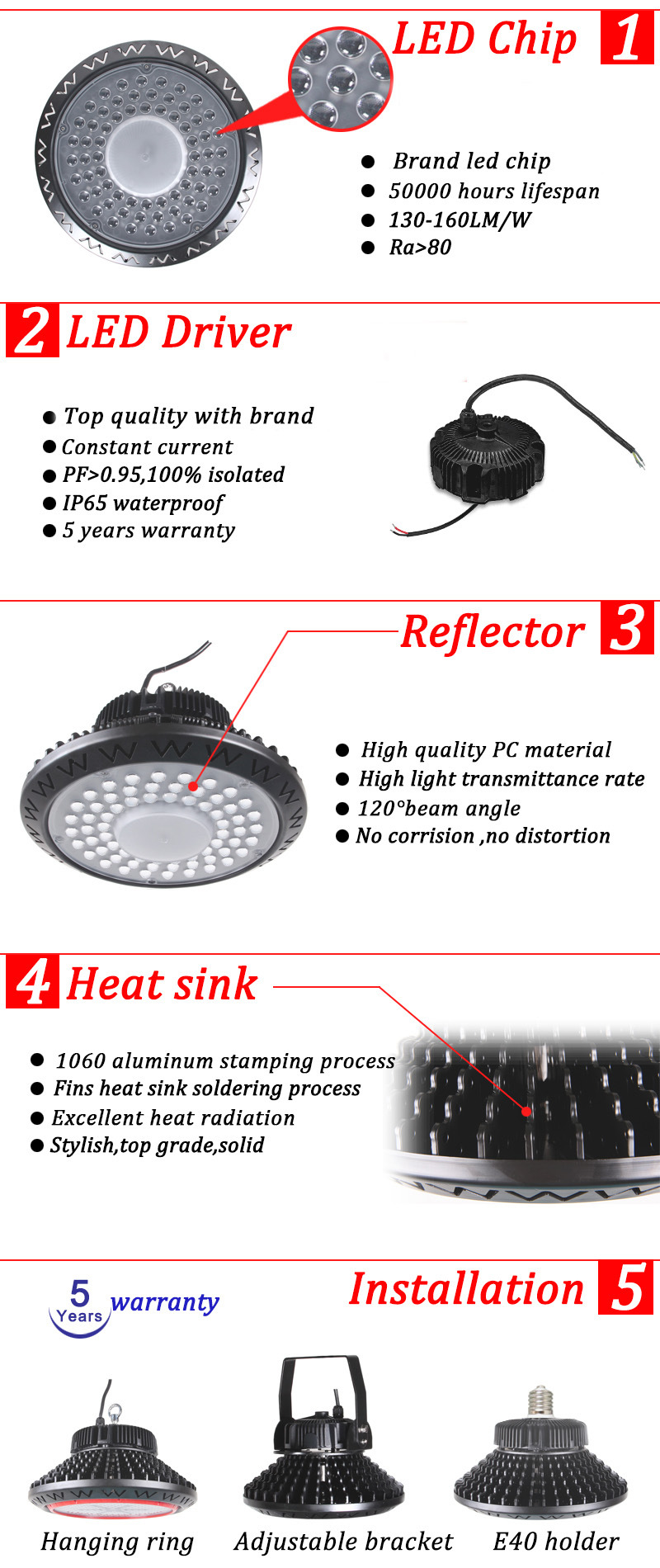 SMD2835/3030 110-130lm/W 200W Industrial LED High Bay Light