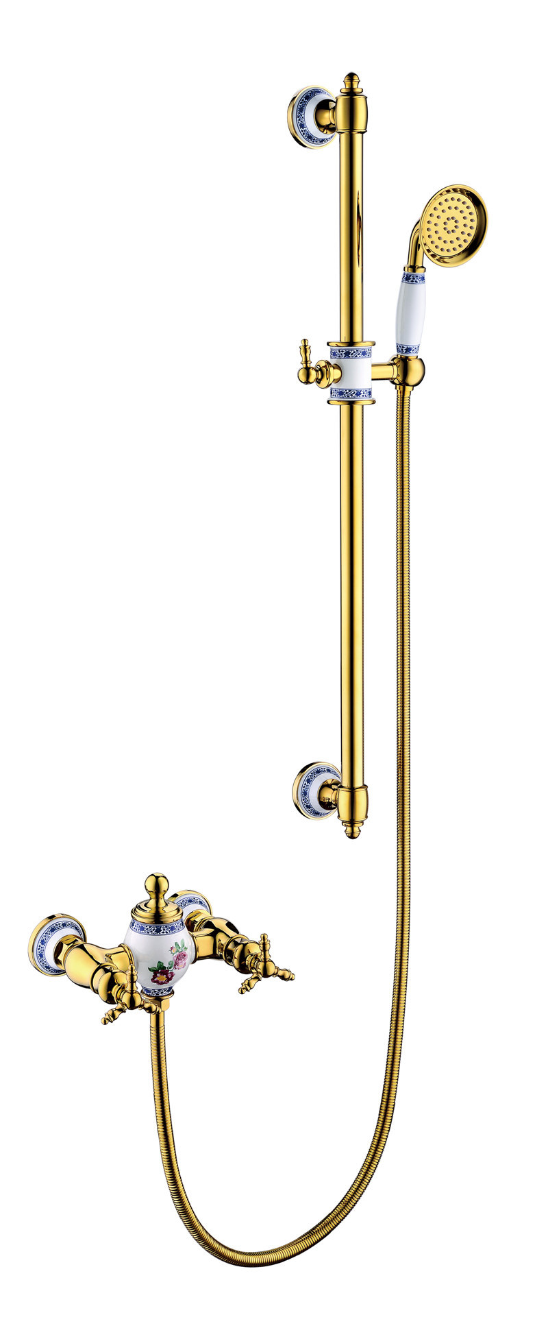 New Design Chinese Blue-and-White Ceramic Double Handle Zf-605 Brass Rain Shower Set