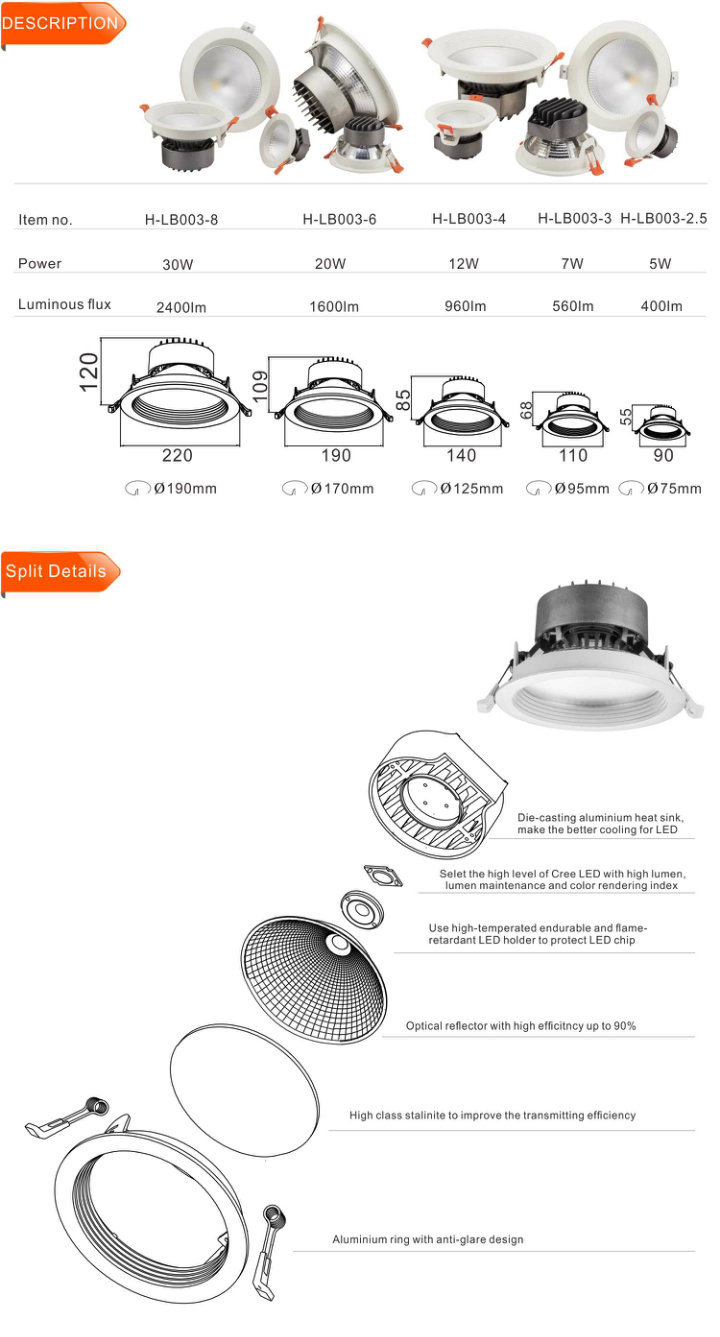 Hot Sale Ceiling 3000K 7W Aluminium Recessed COB LED Downlight