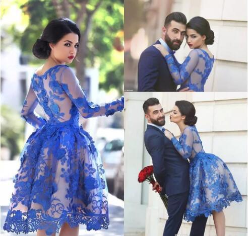 Blue Party Homecoming Dress Lace Tulle Long Sleeves Prom Party Cocktail Dresses Y2016