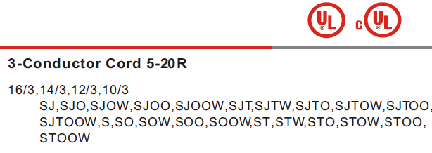 UL AC Power Cord for Use in North American 520