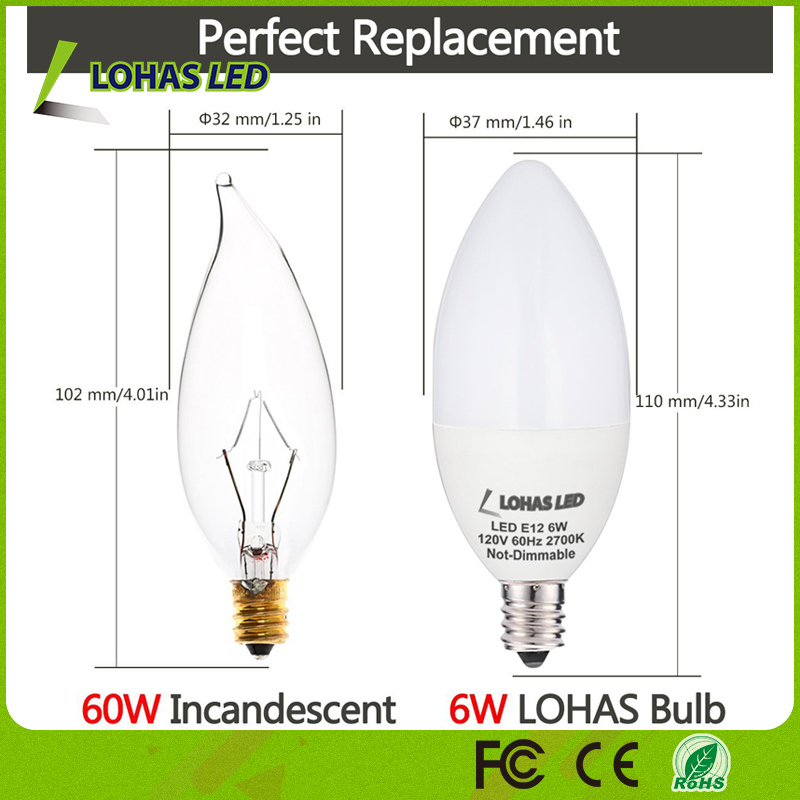 Dimmable LED Candle Light 6W (60W Equivalent) 180 Beam Angle with Ce UL RoHS Listed