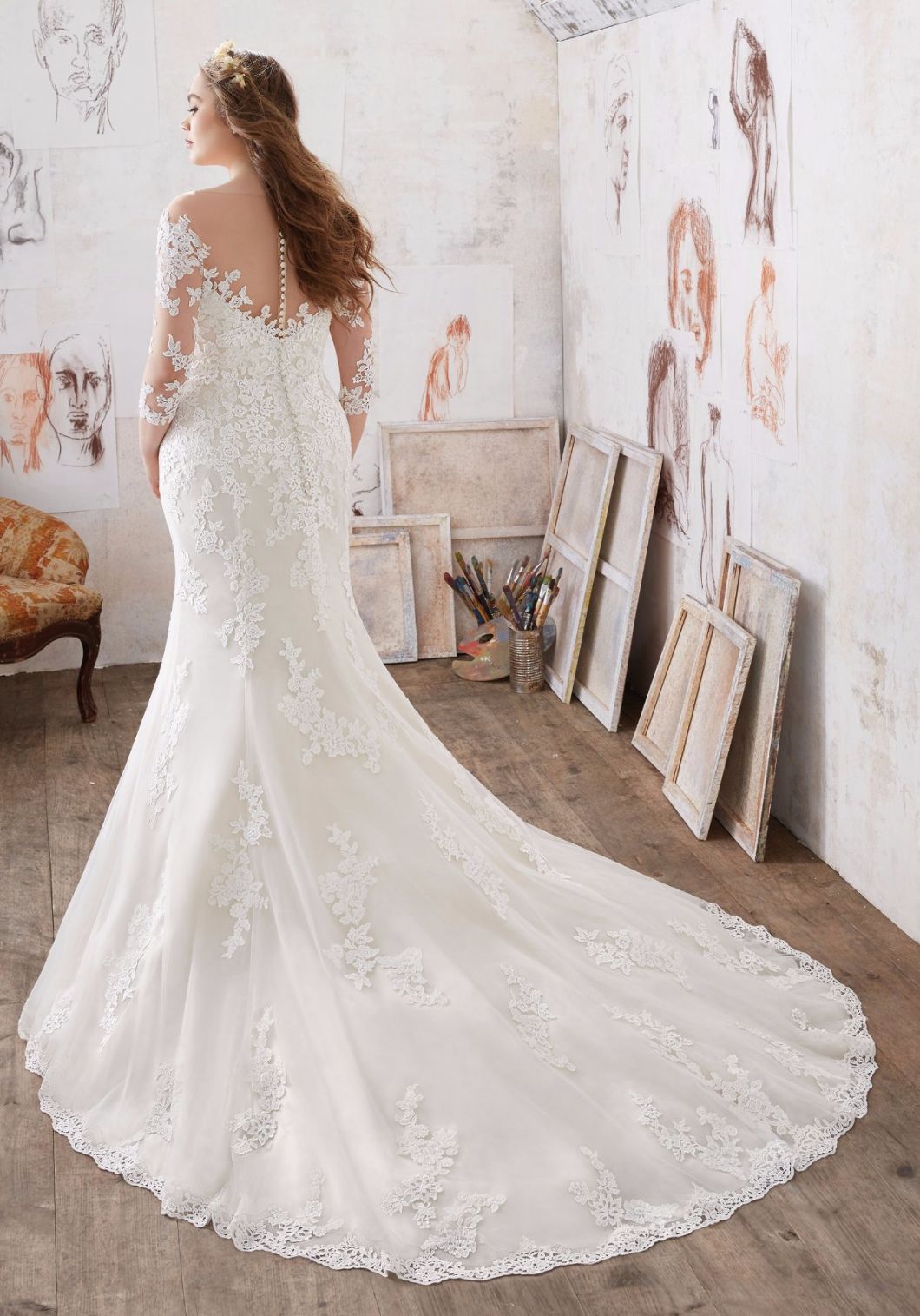 3/4 Sleeve Lace Plus Size Mermaid Bridal Wedding Dress Gown