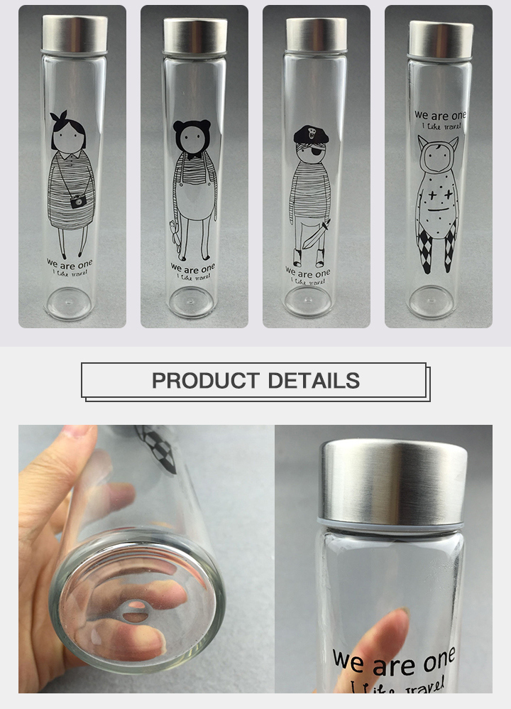 Customized Slender Cup Simple Cartoon Portable Glass Water Bottle