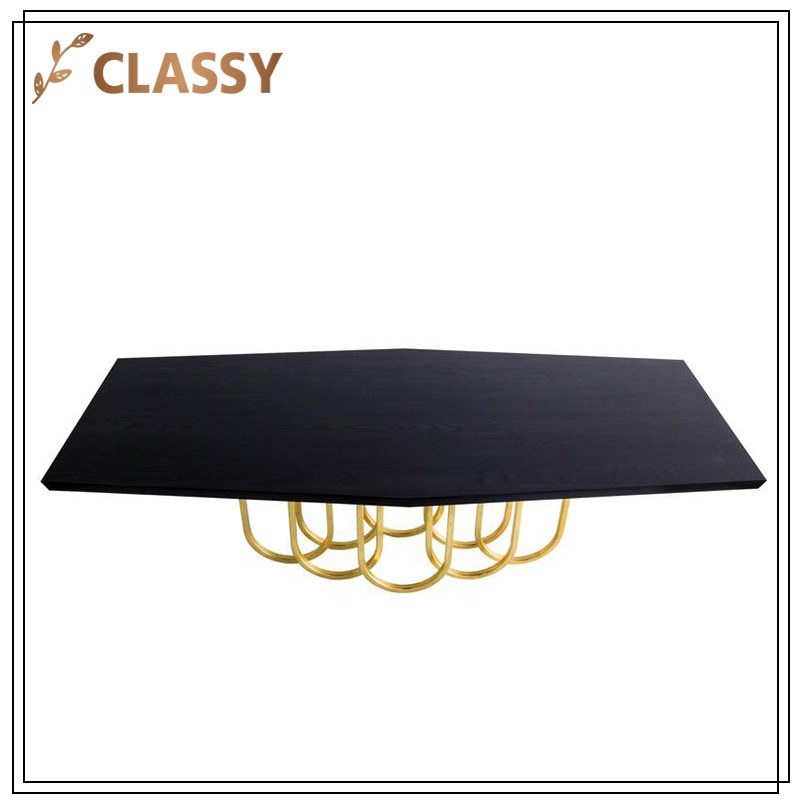 Rectangular Wooden Top and Golden Stainless Steel Base Dining Table