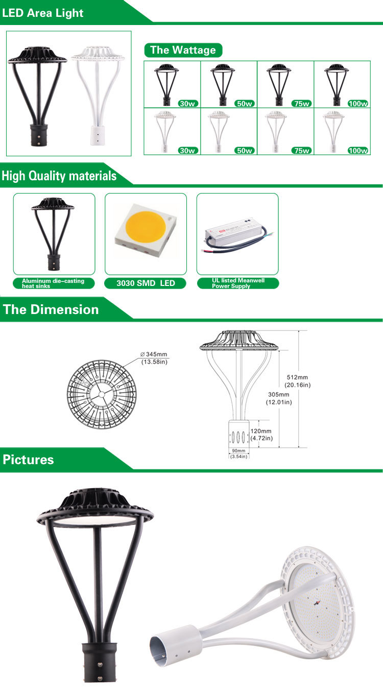 ETL UL Dlc High Quality 12000lm 100watt LED Post Top Lamp with 5 Years Warranty