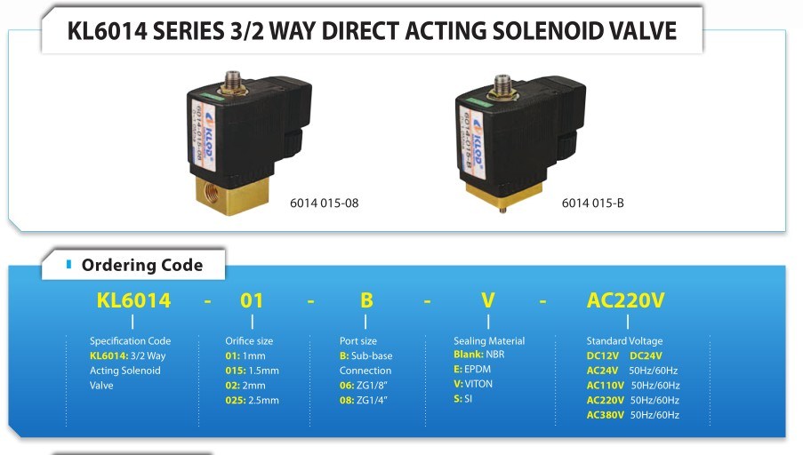 Kl6014 Series Brass 3/2 Way Direct Acting Gas Solenoid Valve