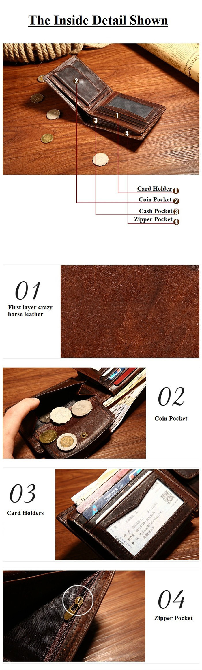 Crazy Horse Leather Retro Men Wallet with Coin Purse