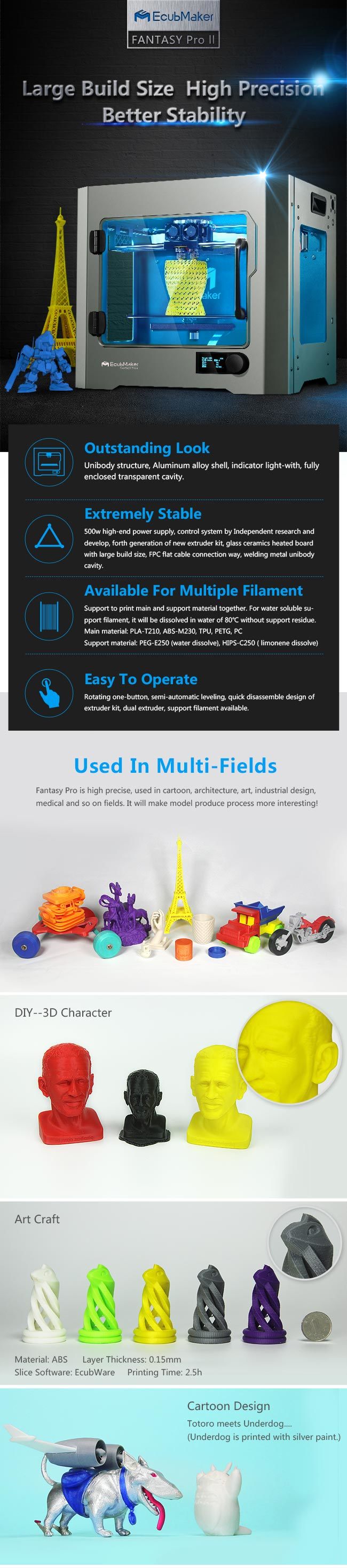 Ecubmaker Dual Extruder High Precision 3D Print with Free Filament