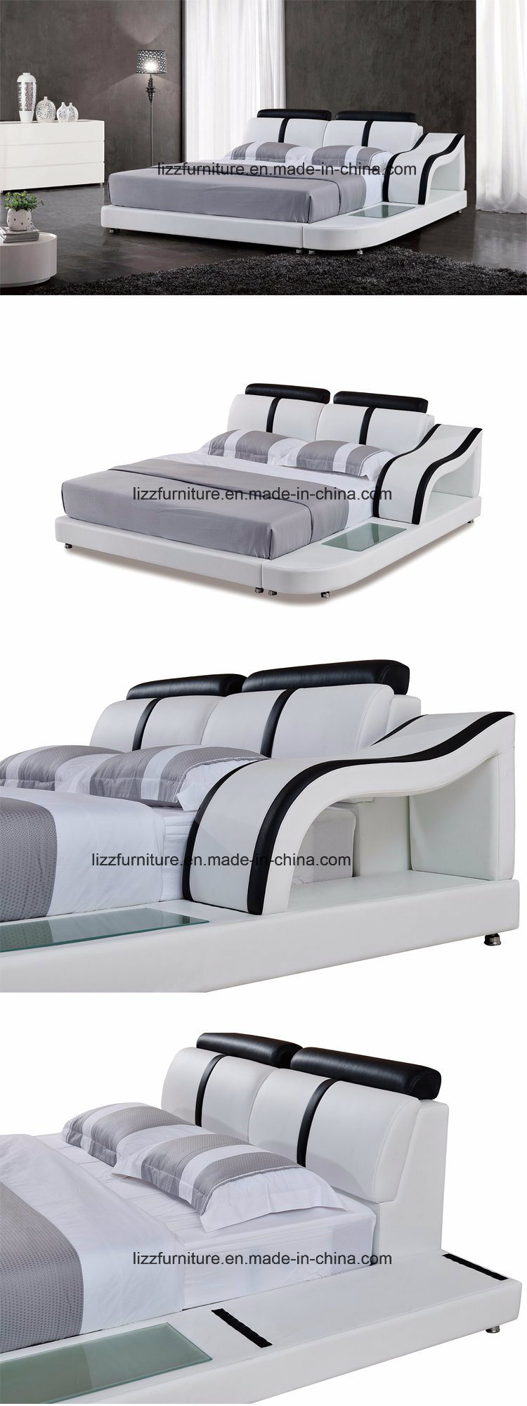 Convenient Adjustable Head Leather Bed with LED Light