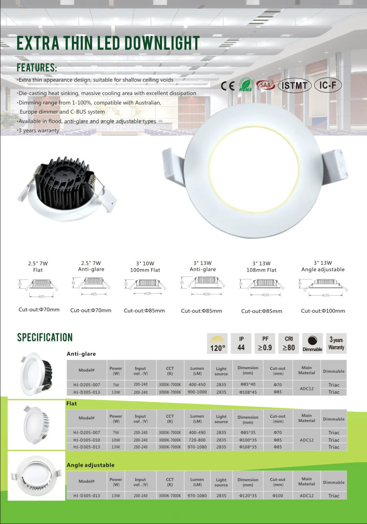 13W Flat 3 Years Warranty IP44 Waterproof Dimmable LED Downlight
