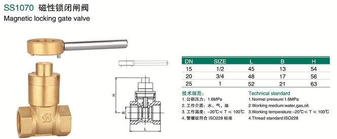 Ss1070 Bsp NPT Magnetic Locking Brass Gate Valve Brass Stem